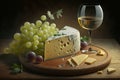 French Cheese Platter. Selection of fine French cheeses, arranged on a wooden plate with grapes and a glass of white wine. Ai Royalty Free Stock Photo