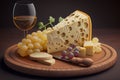 French Cheese Platter. Selection of fine French cheeses, arranged on a wooden plate with grapes and a glass of white wine. Ai Royalty Free Stock Photo