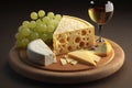 French Cheese Platter. Selection of fine French cheeses, arranged on a wooden plate with grapes and a glass of white wine. Ai Royalty Free Stock Photo