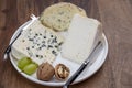 French cheeses, blue sheep cheese roquefort and Delice de Bourgogne cow`s milk cheese from Burgundy