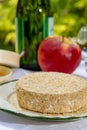 French cheeses collection, piece of fermented cow milk cheese Camembert au Calvados served with French dry apple cider outside in