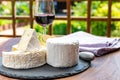 French cheeses collection, pieces of camembert and Le Bleu cow milk blue cheese with white mold and glass of red wine, pairing