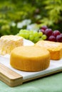 French cheeses collection, Riche de Saveurs, Langres and Le peche des bons peres cheeses served on white marble plate outdoor in Royalty Free Stock Photo