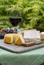 French cheeses collection, yellow Riche de Saveurs, Vieux Pane and Le peche des bons peres cheeses served with glass of red port Royalty Free Stock Photo