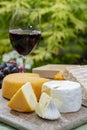 French cheeses collection, yellow Riche de Saveurs, Vieux Pane and Le peche des bons peres cheeses served with glass of red port Royalty Free Stock Photo