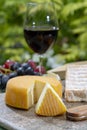 French cheeses collection, yellow Riche de Saveurs, Vieux Pane and Le peche des bons peres cheeses served with glass of red port Royalty Free Stock Photo