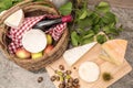 French cheeses with glass and bottle of wine Royalty Free Stock Photo
