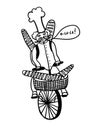 French chef rides a bicycle and carries baguettes, comic outline illustration