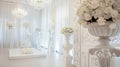 French chic takes center stage with a sleek white podium adorned with delicate lace details and a stunning crystal