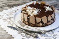 French chocolate cake covered with mirror chocolate icing