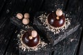 French chocolate mousse cake on wood background