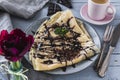 French chocolate pancake with mint and espresso