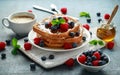 French cinnamon toast with blueberries, raspberries, maple syrup and coffee. morning breakfast Royalty Free Stock Photo