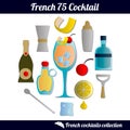 French 75 cocktail. Set of isolated elements on white background Royalty Free Stock Photo