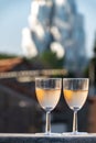 French cold rose dry wine from Provence in two glasses in day with view on old roofs of Arles town in sunny day