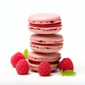 French colorful macarons with raspberries on white background