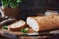 French country bread and basil, rustic style Royalty Free Stock Photo