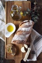 French country bread, cheese and olive oil Royalty Free Stock Photo