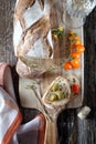 French country bread, cherry tomatoes, olives and wineglass Royalty Free Stock Photo