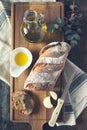 French country bread, round cheese and olive oil Royalty Free Stock Photo