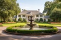 french country home with circular driveway and a large fountain in the center Royalty Free Stock Photo