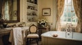 French Country home interior bathroom,light colors, rustic furniture, Toile-de-Jouy fabrics, and vintage items