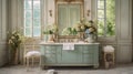 French Country home interior bathroom,light colors, rustic furniture, Toile-de-Jouy fabrics, and vintage items