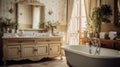 French Country home interior bathroom,light colors, rustic furniture, Toile-de-Jouy fabrics, and vintage items Royalty Free Stock Photo