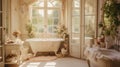 French Country home interior bathroom,light colors, rustic furniture, Toile-de-Jouy fabrics, and vintage items