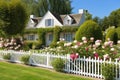 french country house exterior with beautifully manicured lawn, blooming flowers and white picket fence Royalty Free Stock Photo