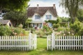 french country house exterior with beautifully manicured lawn, blooming flowers and white picket fence Royalty Free Stock Photo