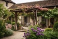 french country house exterior with view of courtyard, surrounded by wooden pergola and blooming flowers