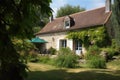 french-country house, with lush garden and patio, surrounded by vineyard