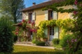 french-country house, with lush garden and patio, surrounded by vineyard