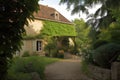 french-country house, with lush garden and patio, surrounded by vineyard