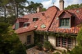 french country house roof with bold red tile roof and dormer windows