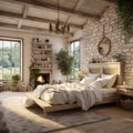 French country, rustic interior design of modern bedroom in farmhouse