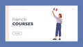 French Courses Landing Page Template. Typical French Woman in Red Beret and Striped T-Shirt Hold France Flag in Hands