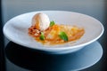 French crepe with fresh sweet orange sauce baked almond and vanilla ice cream Royalty Free Stock Photo