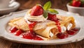 French crepes with cream cheese and whipped cream, topped with strawberry sauce, decorated with mint leaves. Royalty Free Stock Photo