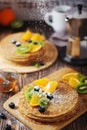 Crepes or bliny with fruits Royalty Free Stock Photo