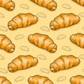 French croissant bread bakery seamless pattern background raster illustration.