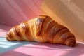 French croissant on pink background, traditional pastries, morning shadows. Generative AI Royalty Free Stock Photo