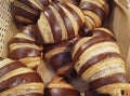 French croissants chocolate bagels are in the basket. Croissant bagels view super closeup. Sweet pastry. French breakfast.