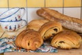 French croissants, pain au chocolat and bread Royalty Free Stock Photo