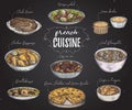 French cuisine. Collection of delicious food on chalkboard.