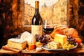 French Cuisine Culture. Bread, Cheese, Wine, Grapes. Royalty Free Stock Photo