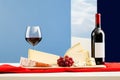 French Cuisine Culture. Bread, Cheese, Wine, Grapes. Royalty Free Stock Photo