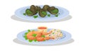 French Cuisine Dishes with Escargot Served on Plate Vector Set