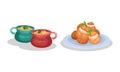 French Cuisine Dishes with Julienne in Pot and Profiterole Served on Plate Vector Set